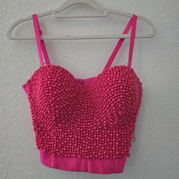 Fuchsia Pearl BeadedPush Up Bustier Bra CropTop - Picture 2 of 7